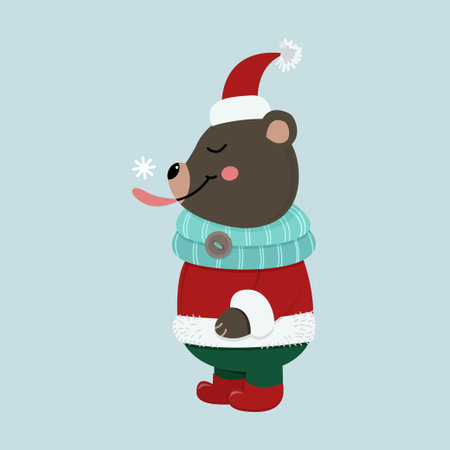 Isolated cute bear is dressed in winter clothes and catches language snowflake. Vector illustration for your designのイラスト素材
