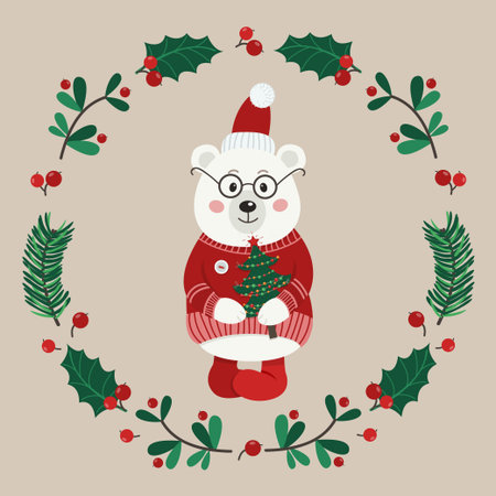 The face of cute white bear with a wreath of leaves and twigs. Vector illustration for your designのイラスト素材