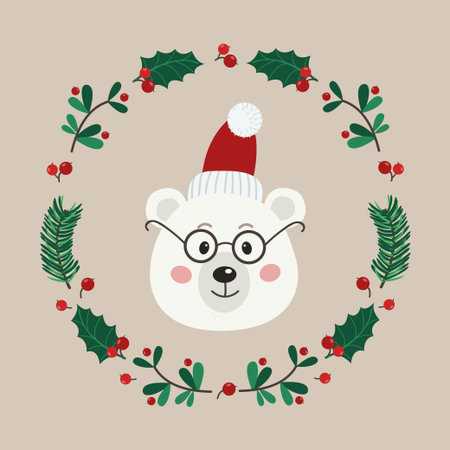 The face of cute white bear with a wreath of leaves and twigs. Vector illustration for your designのイラスト素材