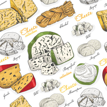 Vector seamless pattern with different color cheeses in sketch styleのイラスト素材