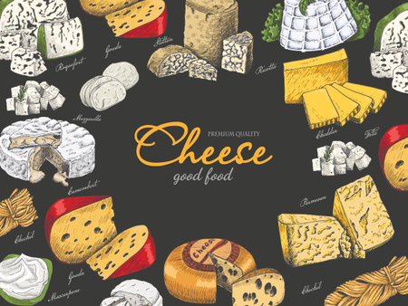 Vector horizontal background with different color cheeses in sketch style. Vector illustration for your designのイラスト素材