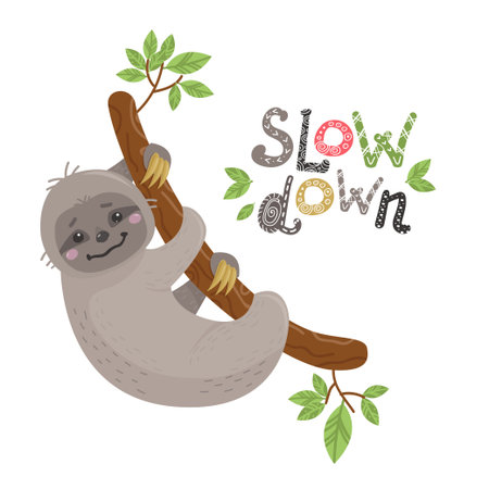 Vector Cute cartoon sloth hanging on a tree. With lettering in scandinavian style. Vector illustration for nursery poster, print for clothes and greeting cardのイラスト素材