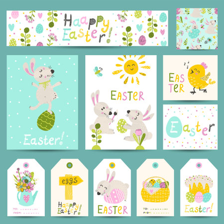 Set of Easter gift labels, cards with cartoon Easter bunnies, eggs, flowers. Vector illustration for your designのイラスト素材
