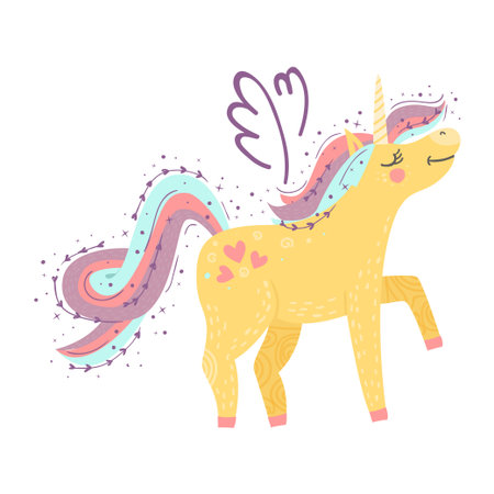 Cute little magical unicorn. Vector design on white background. Romantic hand drawing illustration for childrenのイラスト素材