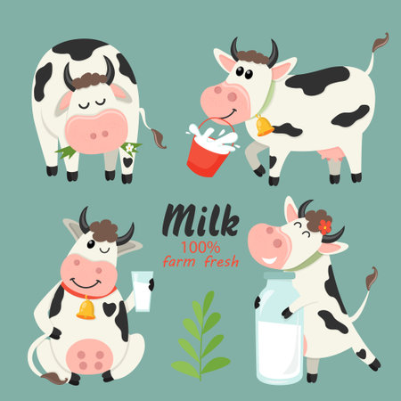 Set of farm cows with milk bottle. Vector illustration for your designのイラスト素材
