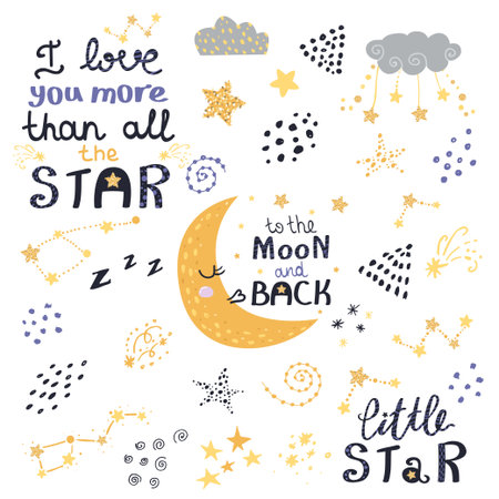 Vector set of night lettering with cute cartoon phrases. Beautiful phrases for baby rooms or bedroom.のイラスト素材