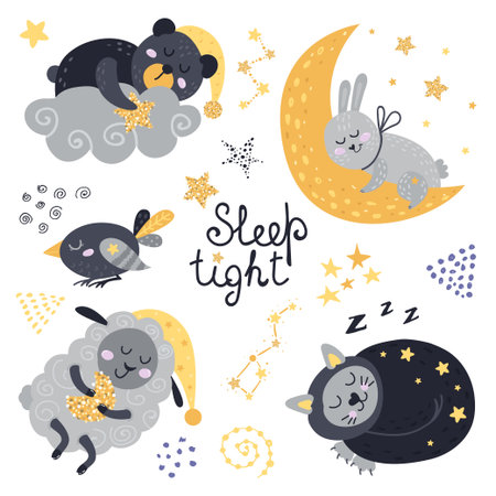 Vector set of cute sleeping animals. Vector illustration for your designのイラスト素材