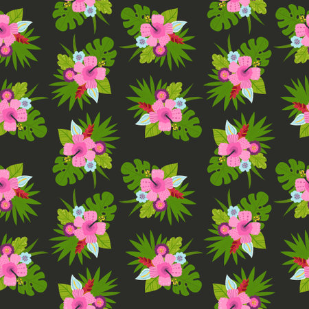 Seamless pattern with tropical leaves and flowers. Vector illustration for your designのイラスト素材