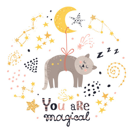 Poster with cat, stars and lettering. Vector illustration for your designのイラスト素材