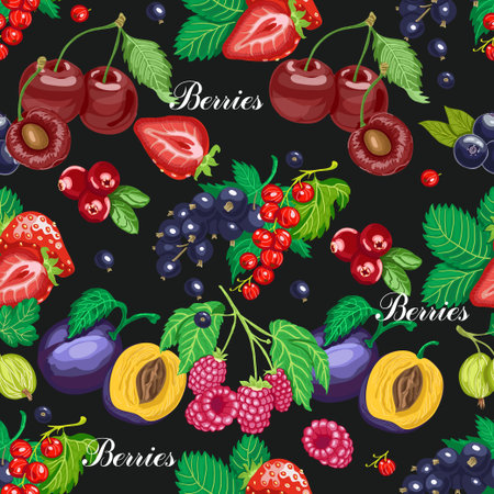 Summer seamless pattern with garden berries on a dark background. Vector illustration for your designのイラスト素材