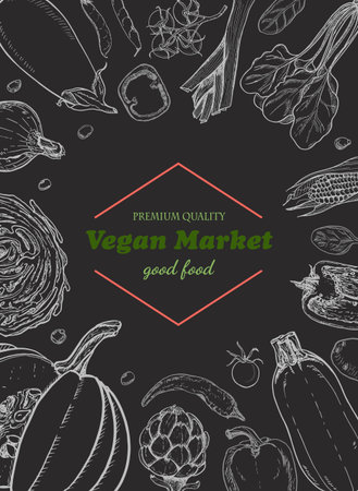 Vertical background with different vegetables. Organic food. Vector illustration for your designのイラスト素材