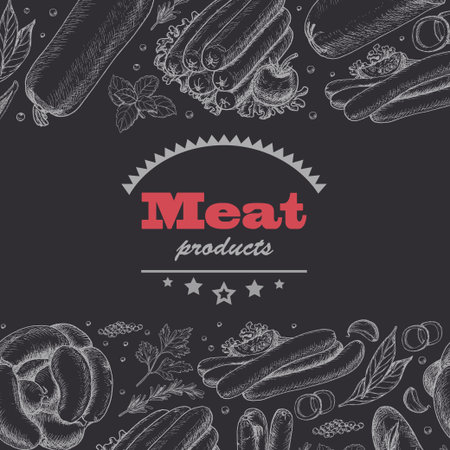 Horizontal background with meat products. Vector illustration for your designのイラスト素材