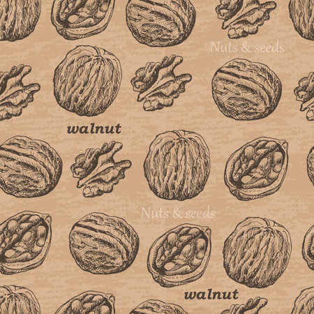 Seamless pattern with walnuts on a vintage background. Vector  illustration for your designのイラスト素材