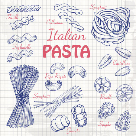 Set Italian pasta on paper. Vector  illustration for your designのイラスト素材