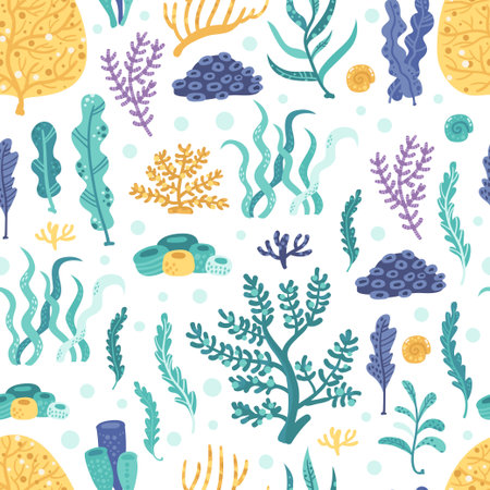 Seamless pattern with seaweeds and coralsのイラスト素材