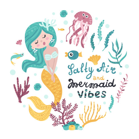 Poster with mermaid, sea animals and letteringのイラスト素材