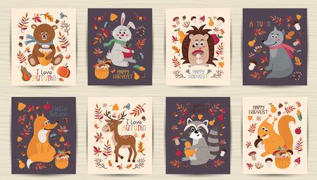 Set of autumn cards with forest animalsのイラスト素材