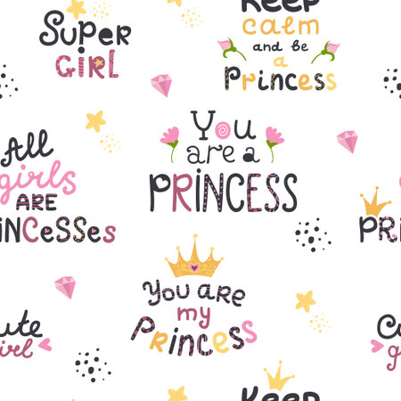 Seamless patern with lettering with cute princess phrasesのイラスト素材