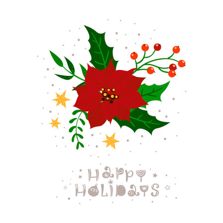 Christmas greeting card with bouquet and lettering. Poster, banner, card and design elementsのイラスト素材