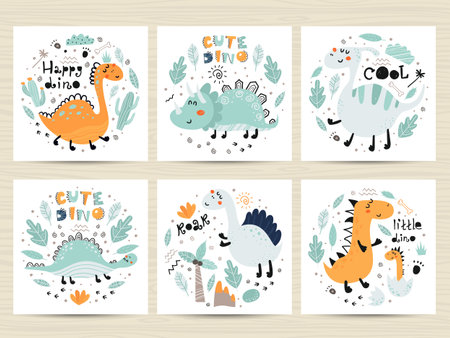 Set of posters with cute dinosaurs and letterings. Childish design for birthday invitation, poster, clothing, nursery wall art and card.のイラスト素材