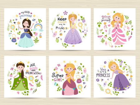 Set of cards with cute princesses. Girlish design for birthday invitation, poster, clothing, nursery wall art and card.のイラスト素材