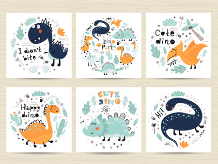 Set of posters with cute dinosaurs and letterings.のイラスト素材