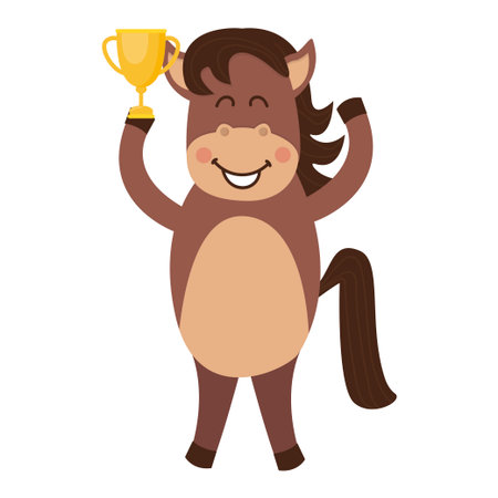 A cute and joyful brown horse with a won cup. Cartoon vector illustration isolated on white background.のイラスト素材