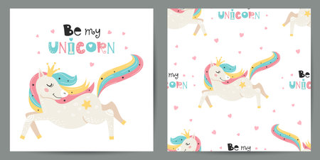Set of cute poster and seamless pattern with magical unicornsのイラスト素材