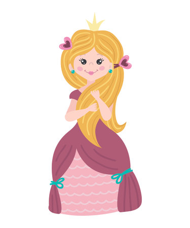 Cute isolated princess on a white background. Childish design for birthday invitation, poster, clothing, nursery wall art and card.のイラスト素材