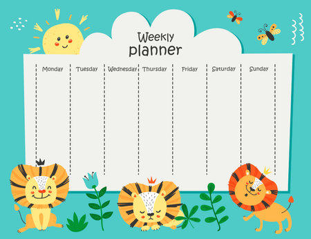 Weekly planner with funny lionsのイラスト素材