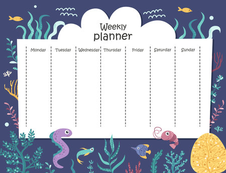 Weekly planner with seaweed and sea animals for kids schedule design template.のイラスト素材