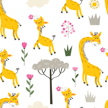 Seamless pattern with cute giraffes. Cartoon design for clothing, nursery wall art and wallpapersのイラスト素材