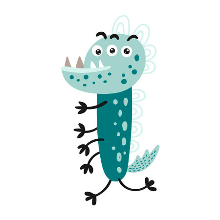 Cute isolated monster on a white background. Childish design for birthday invitation, poster, clothing, nursery wall art and card.のイラスト素材