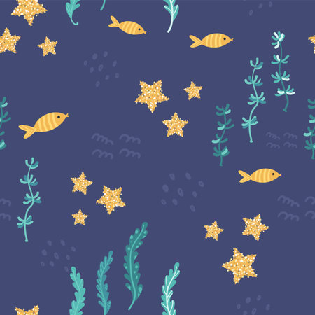 Childish seamless pattern with fish, starfish and seeweed. Perfect for kids apparel, textile, nursery decoration and wrapping paperのイラスト素材