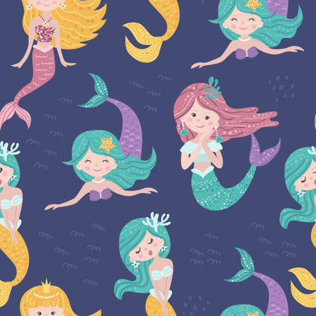 Childish seamless pattern with mermaids. Perfect for kids apparel, textile, nursery decoration and wrapping paperのイラスト素材