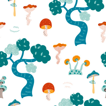 Childish seamless pattern with fantastic trees and mushrooms.のイラスト素材