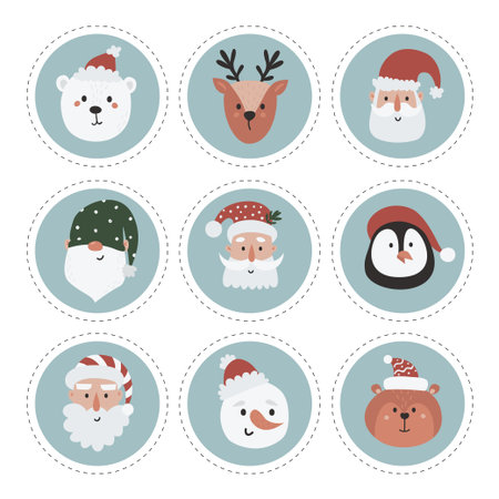 Christmas labels collection with snowman, gnome, santa and woodland animalsのイラスト素材