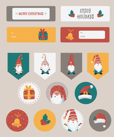 Christmas set with Christmas notes, stickers, labels, stamps, tags with winter christmas illustrations.のイラスト素材