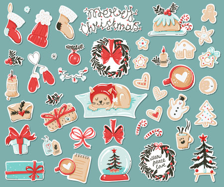 Set of stickers with Christmas items.のイラスト素材