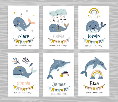 Baby shower invitation templates with whales for girl and boy.のイラスト素材