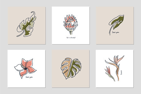 Set of backgrounds with one line continuous leaves and phrases. Abstract collage with geometric shapesのイラスト素材