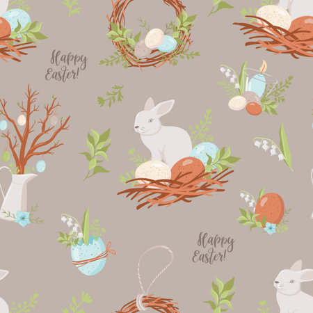 Vector seamless pattern with Easter eggs and bunniesのイラスト素材