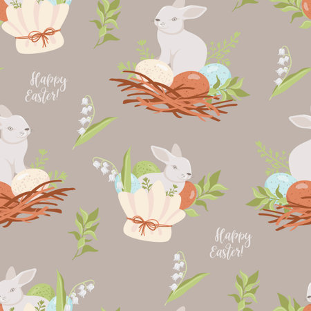 Vector seamless pattern with Easter eggs and bunnies.のイラスト素材