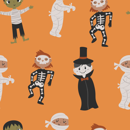 Halloween seamless pattern with kids in costumes.のイラスト素材