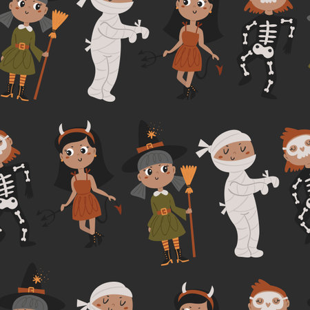 Halloween seamless pattern with kids in costumes.のイラスト素材