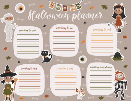 Halloween weekly planner page template. To do list with cute kids in costumes in cartoon styleのイラスト素材