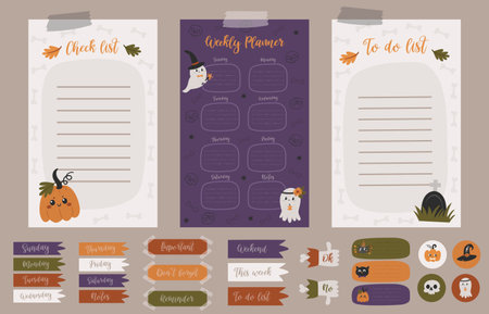 Halloween weekly planner page template. To do list with cute pumpkins, ghosts in cartoon styleのイラスト素材