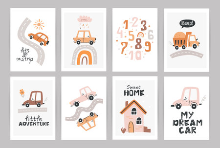 Set of boho posters with cute nursery cars.のイラスト素材
