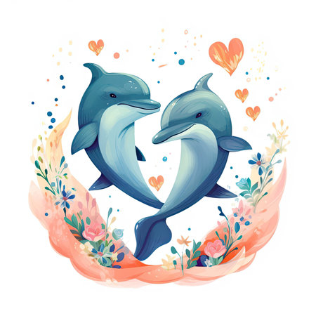 Romantic dolphins couple in sea water with hearts, two ocean animals swimming and jumping together in love. Generated with AIの素材