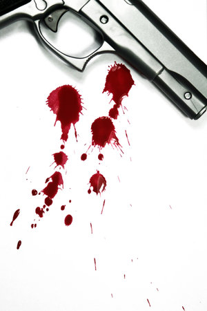 Hand gun and blood splatter. Murder Sceneの写真素材